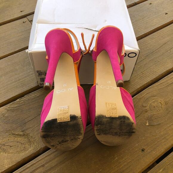 ALDO Detamble Hot Pink & Orange Trim T-Strap Wrapped Platform Peep Toe Heel - Picture 3 of 4